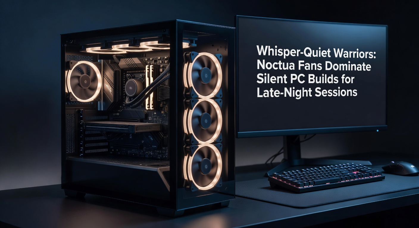 Noctua NF-A12x25 fan installed in a sleek PC case, showcasing its premium brown and beige design against RGB-lit components
